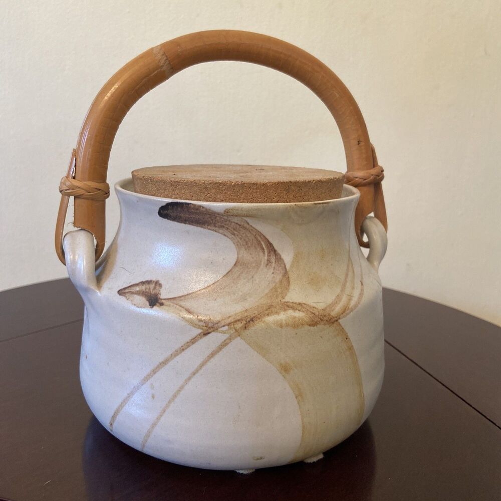 Vintage Barbara Davidson Larbert Pottery Jar w/ Cork Lid & Bamboo Handle 5" Tall